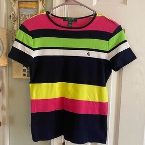 Lauren Ralph Lauren Women’s Neon Multi-Color Striped Crew Neck Cotton T-Shirt